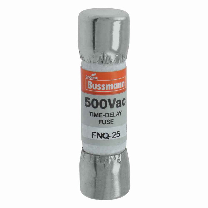 Bussmann FNQ-25 Eaton series FNQ fuse, Time-delay Midget fuse, Motor control transformers, circuits with in-rush currents, 25 A, Non-indicating, Ferrule end x ferrule end, 10 kAIC at 500 Vac, Nickel-plated bronze endcap, Standard, 500 V