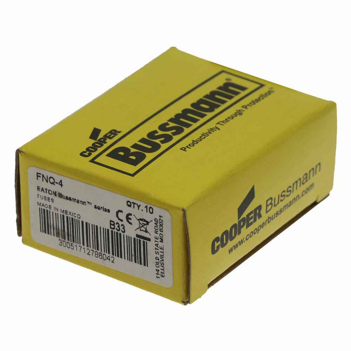 Bussmann FNQ-4 Eaton series FNQ fuse, Time-delay Midget fuse, Motor control transformers, circuits with in-rush currents, 4 A, Non-indicating, Ferrule end x ferrule end, 10 kAIC at 500 Vac, Nickel-plated bronze endcap, Standard, 500 V