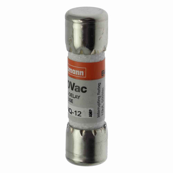 Bussmann FNQ-12 Eaton series FNQ fuse, Time-delay Midget fuse, Motor control transformers, circuits with in-rush currents, 12 A, Non-indicating, Ferrule end x ferrule end, 10 kAIC at 500 Vac, Nickel-plated bronze endcap, Standard, 500 V