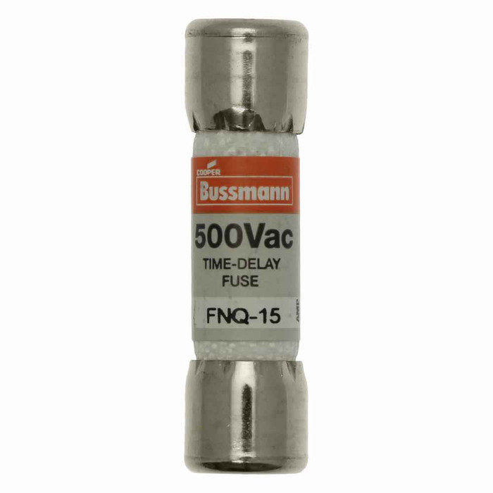 Bussmann FNQ-15 Eaton series FNQ fuse, Time-delay Midget fuse, Motor control transformers, circuits with in-rush currents, 15 A, Non-indicating, Ferrule end x ferrule end, 10 kAIC at 500 Vac, Nickel-plated bronze endcap, Standard, 500 V