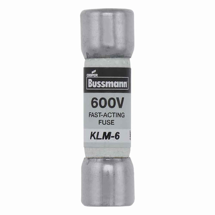 Bussmann KLM-6 Eaton series KLM fuse, LIMITRON Fast-acting fuse, 6 A, Non-indicating, Ferrule end x ferrule end, 50 kAIC at 600 Vdc,100 kAIC at 600 V, Melamine tube,Nickel-plated bronze endcap, 600 V, 600 Vdc