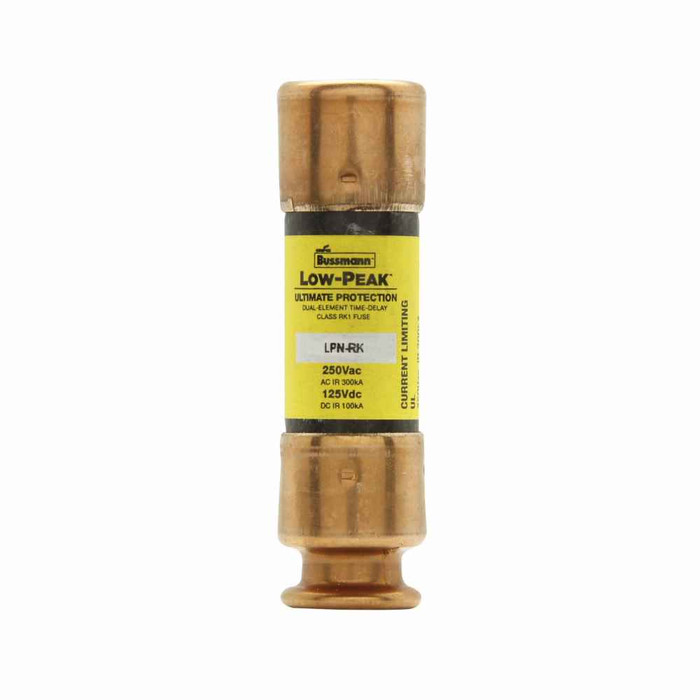 Bussmann LPN-RK-15SP Eaton series LPN-RK fuse, Low-peak fuse, 15 A, Dual, Class RK1, Non-indicating, Ferrule end x ferrule end, Time delay,Current-limiting, 8 sec at 500%, 300 kAIC V,100 kAIC Vdc, Standard, 10, 250 V, 125 Vdc