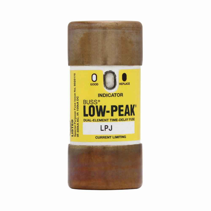 Bussmann LPJ-60SPI Eaton series LPJ fuse, Low-peak fuse, 60 A, Dual, Class J, With Indicator, Ferrule end x ferrule end, Time delay,Current-limiting, 10 sec at 500%, 100 kAIC Vdc,300 kAIC at 600 V, Standard, 600 V, 300 Vdc