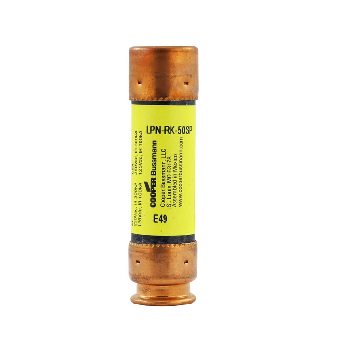 Bussmann LPN-RK-50SP Eaton series LPN-RK fuse, Low-peak fuse, 50 A, Dual, Class RK1, Non-indicating, Ferrule end x ferrule end, Time delay,Current-limiting, 10 sec at 500%, 100 kAIC at 250 Vdc,300 kAIC at 250 V, Standard, 10, 250 V, 125 Vdc