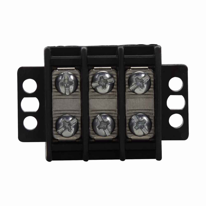 Bussmann TB200HB-03SP Eaton TB200 series panel mount terminal block connector, Breakdown voltage 4800V, 600V, 30A, Double row, high barrier, Three-pole, #6-32 TPI Screw, Black, Tin-plated brass terminal, Zinc-plated Steel SEMS philslot screw