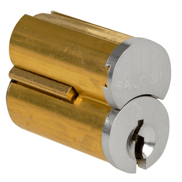 Falcon C607 A Combinated 7-Pin SFIC Core with A Keyway - two-tone Satin Brass body with Satin Chrome face, angled view showing keyway and Falcon logo