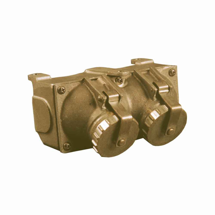 Crouse-Hinds 2634BU-125-C2 Eaton series Pauluhn 26 receptacle, 15A/20A, Brass, Surface, Through feed, 3/4", Two receptacles, 125 Vac