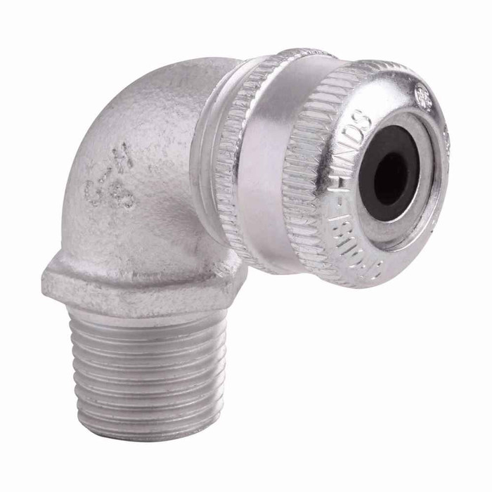 Crouse-Hinds CGE196 SG Eaton series CGE cable gland, Cable range min/max: 0.625-0.750", Non-armoured and tray cable, 90° angle, Non-armoured gland, Feraloy iron alloy, General purpose, Sealing gasket and locknut, 1/2" NPT