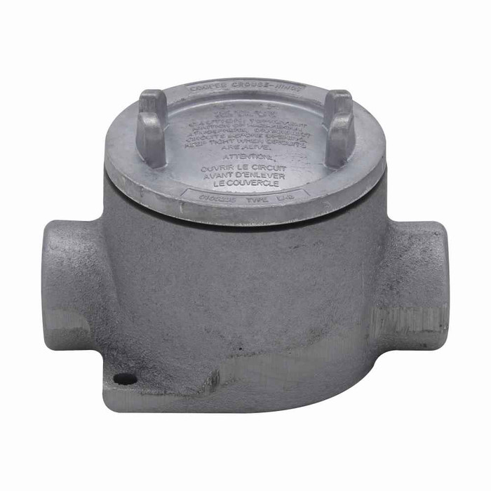 Crouse-Hinds EABC26 Eaton series Condulet EAB conduit outlet box with cover, 3" cover opening diameter, Feraloy iron alloy, C shape, 3/4" Crouse-Hinds EABC26 Eaton series Condulet EAB conduit outlet box with cover, 3" cover opening diameter, Feraloy iron alloy, C shape, 3/4"