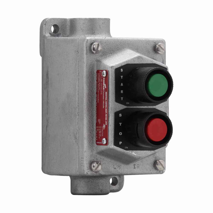 Crouse-Hinds EDSC215 SA Eaton series EDS pushbutton control station, With pushbuttons, Copper-free aluminum, Two circuit, 2, Single-gang, 2, Through feed, 3/4", 600 Vac
