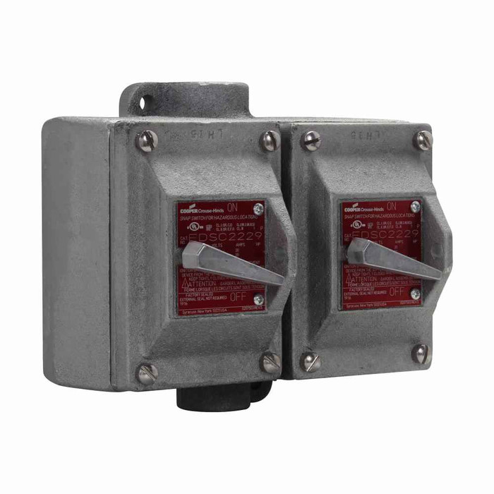 Crouse-Hinds EDSC228 Eaton series EDS snap switch control station, 20A, With switch, With two 3/4" hubs, Feraloy iron alloy, 2, Two-gang, Two-pole, 120-277V, Factory sealed, Through feed, Two-pole, 3/4", 120-277 Vac