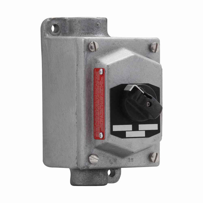 Crouse-Hinds EFSC21275 Eaton series EFS selector switch control station, With selector switch, With two 3/4" hubs, Feraloy iron alloy, Single-gang, 3, Through feed, Three-position, four-circuit, 3/4", 600 Vac