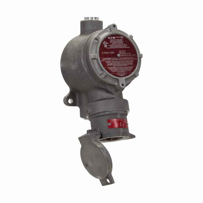 Crouse-Hinds FSQC3390 S4 Eaton series Arktite FSQC interlocked receptacle with switch, Through feed, 0.55-0.70" cable diameter, 3-wire, 4-pole, Brass contacts, Copper-free alum, Spring door, Special polarity, 1", For use with magnetic motor starters