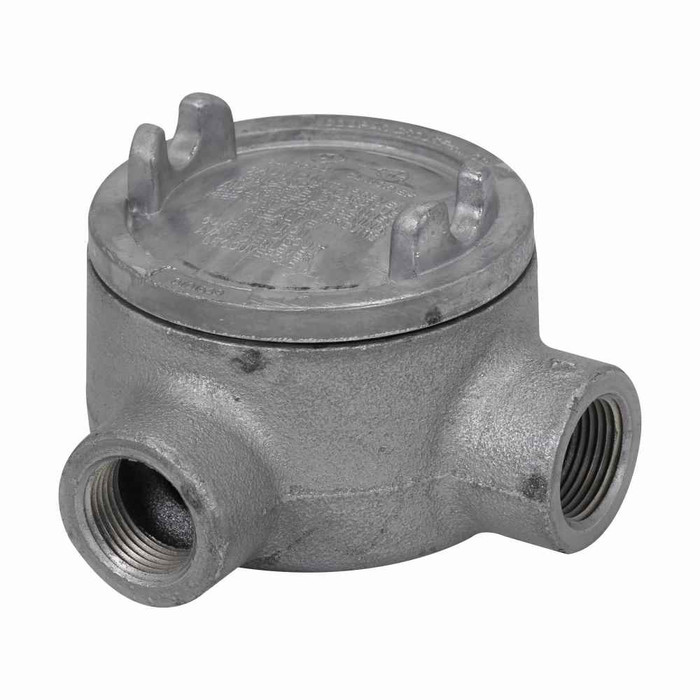 Crouse-Hinds GUAL49 SA Eaton series Condulet GUA conduit outlet box with cover, 5" cover opening diameter, Copper-free aluminum, L shape, 1-1/4"