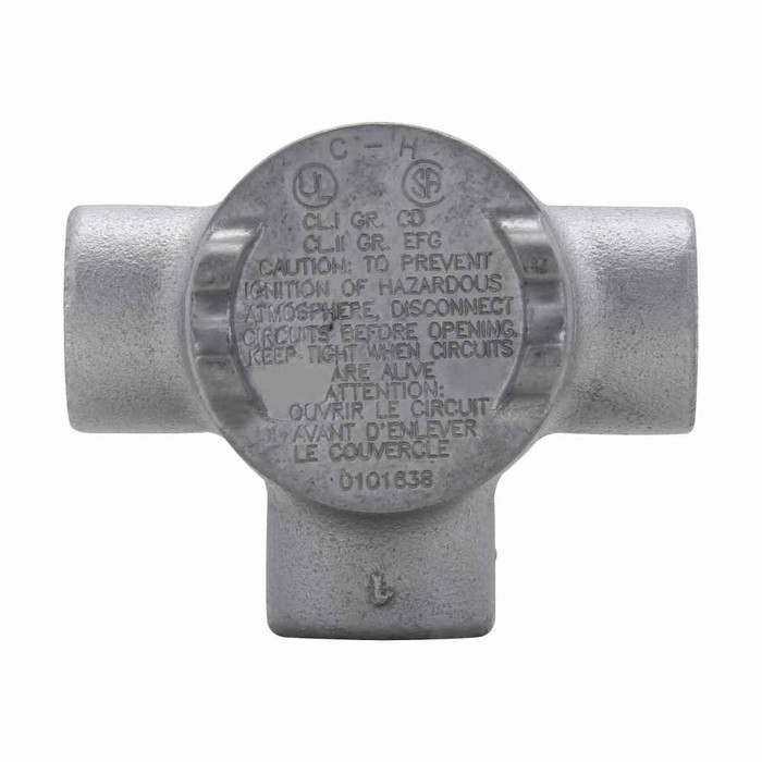 Crouse-Hinds GUAT14 Eaton series Condulet GUA conduit outlet box with cover, 2" cover opening diameter, Feraloy iron alloy, T shape, 1/2"