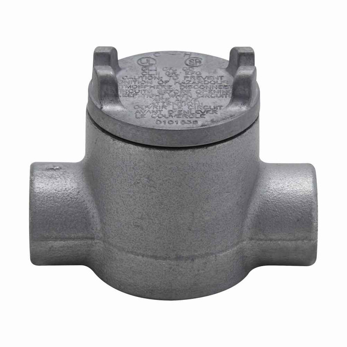 Crouse-Hinds GUAC16 SA Eaton series Condulet GUA conduit outlet box with cover, 3" cover opening diameter, Copper-free aluminum, C shape, 1/2"
