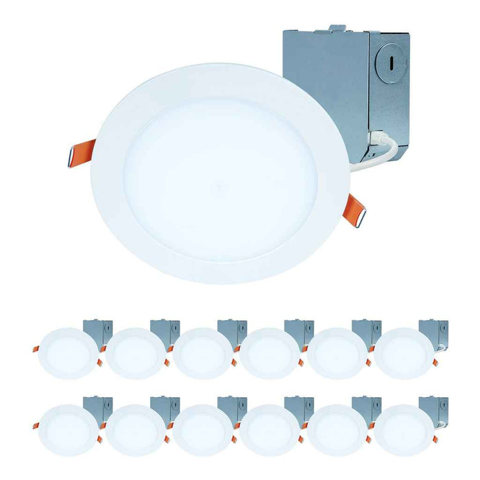 Halo HLBE6099301EMWR-12PK 6-inch LED surface light, 900 lumens (nominal), 90 CRI minimum, 3000K CCT, 120V 60Hz, LE and TE phase cut 10 percent dimming, matte white flange, recyclable packaging, 12 bulk pack