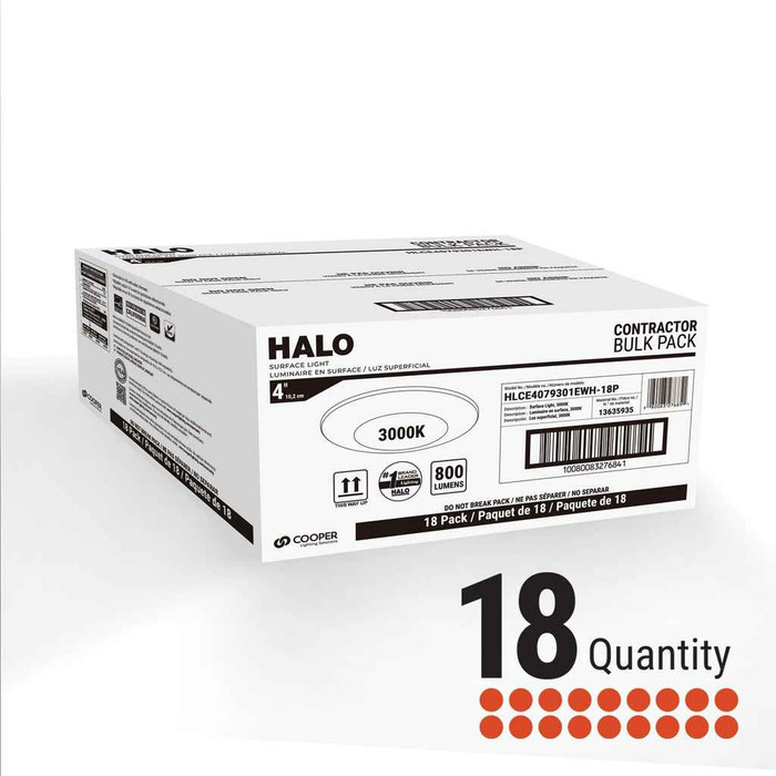 Halo HLCE407930-18P-CA 4" Disk Light, 822 Lumens, 90 CRI, 3000K, 18 Pack, CA