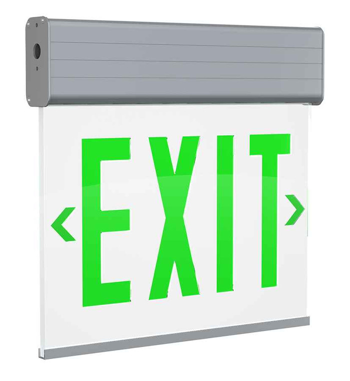 RAB EXITEDGE-1G EDGE-LIT EXIT SIGN 1-FACE GREEN LETTERS CLEAR PANEL ALUMINUM