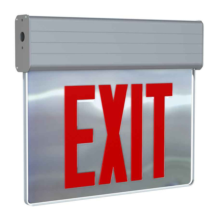 RAB EXITEDGE-MP/E EDGE-LIT EXIT SIGN UNV FACES RED LETTERS MIRROR PANEL BATTERY BACKUP ALUMINUM