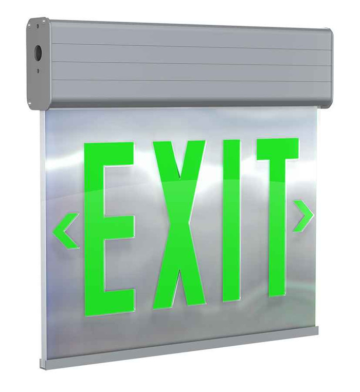 RAB EXITEDGE-1GMPS/E EDGE-LIT EXIT SIGN 1-FACE GREEN LETTERS MIRROR PANEL SELF DIAGNOSTIC BATTERY BACKUP ALUMINUM RAB EXITEDGE-1GMPS/E EDGE-LIT EXIT SIGN 1-FACE GREEN LETTERS MIRROR PANEL SELF DIAGNOSTIC BATTERY BACKUP ALUMINUM