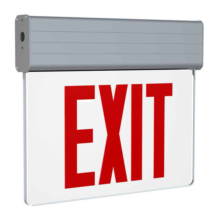 RAB EXITEDGE-WPSNY/E EDGE-LIT EXIT SIGN UNV FACES NO ARROWS RED LETTERS WHITE PANEL SELF DIAGNOSTIC NEW YORK BATTERY BACKUP ALUMINUM