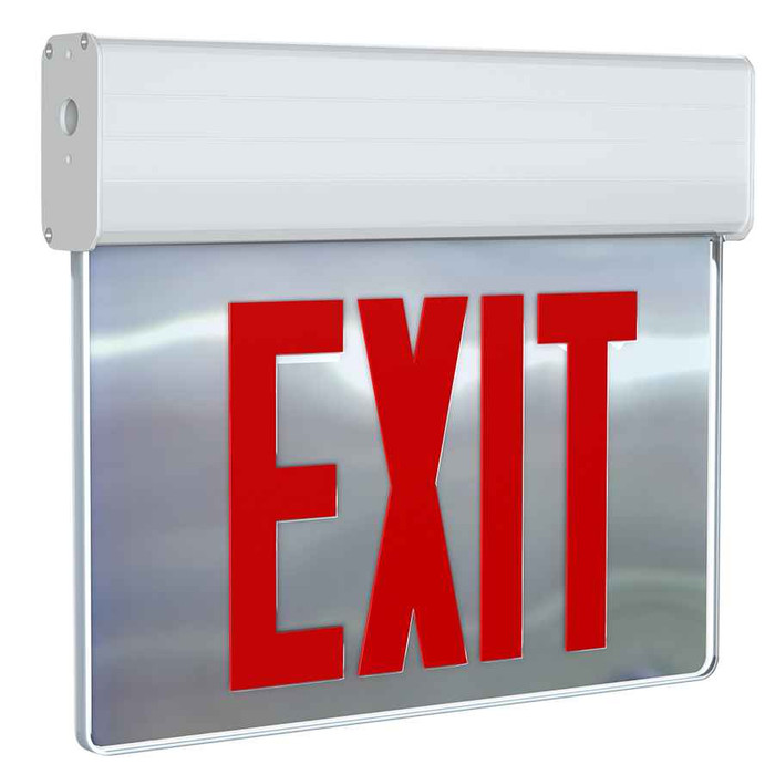 RAB EXITEDGE-1MPWSNY/E EDGE-LIT EXIT SIGN 1-FACE NO ARROWS RED LETTERS MIRROR PANEL SELF DIAGNOSTIC NEW YORK BATTERY BACKUP WHITE