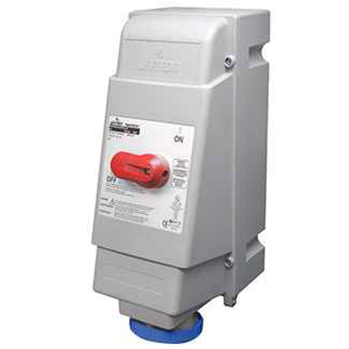 Leviton 4100M-B9W 100 Amp, 240 Volt 3-Phase, IEC 309-1 & 309-2, 3P, 4W, Mechanical Interlock North American Pin & Sleeve Receptacle, Hub Sold Separately (See Cat Number HUB-xxx), Industrial Grade, IP67, Watertight, Integrated Circuit Breaker