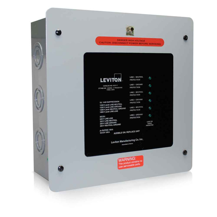 Leviton 47277-7 277/480 VAC 3-Phase WYE Surge Panel, 7-Mode Protection, 200kA Max Surge Current Rating, Without Surge Counter, With LED Diagnostics, NEMA 1 Enclosure, UL 1449 3rd Edition Compliant