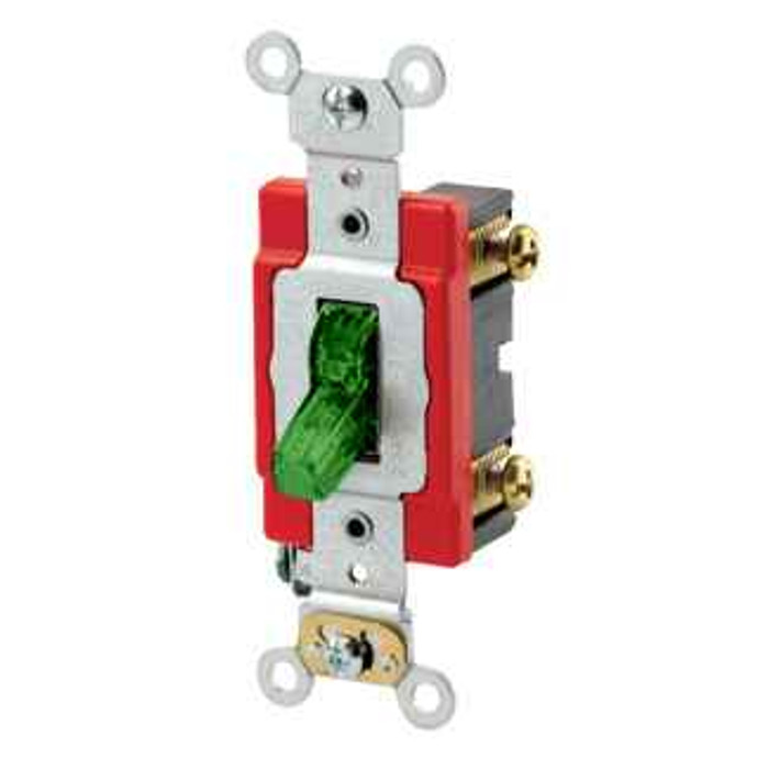 Leviton 1221-PLG 20 Amp, 120 Volt, Toggle Pilot Light - Illuminated ON - Req. Neutral Single-Pole AC Quiet Switch, Industrial Grade, Self Grounding, Back & Side Wired, - Green