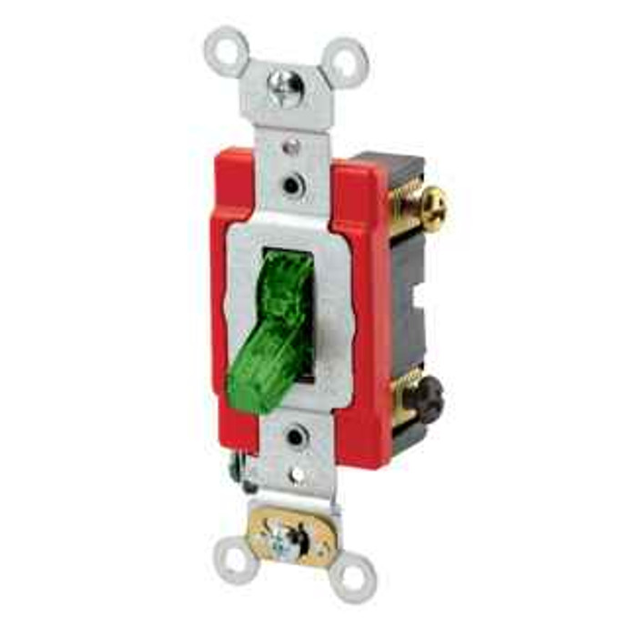 Leviton 1222-PLG 20 Amp, 120 Volt, Toggle Pilot Light - Illuminated ON - Req. Neutral Double-Pole AC Quiet Switch, Industrial Grade, Self Grounding, Back & Side Wired, - Green