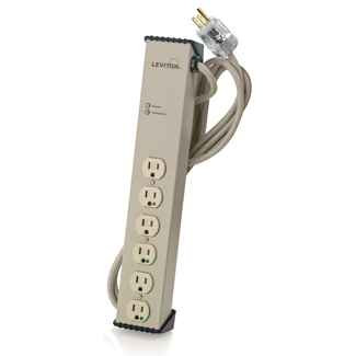 Leviton 5300-HTS 1449 3rd Edition, 125 Volt 15 Amp Surge Protected, 6-Outlet-HG Tamper-Resistant Strip No Switch, 952 Joules, 6 Feet 14-3 SJT Cord Length, Aluminum Housing - BEIGE