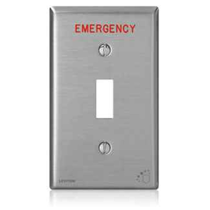 Leviton 84001-E4A Antimicrobial Treated Stainless Steel with Engraved Emergency 1-Gang Toggle Switch Wallplate
