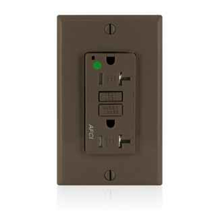 Leviton AFTR2-HG AFCI Duplex Receptacle Outlet, Heavy-Duty Hospital Grade, Wallplate Included, Tamper-Resistant, 20 Amp, 125 Volt, Back or Side Wire, NEMA 5-20R, 2-Pole, 3-Wire, Self-Grounding - Brown