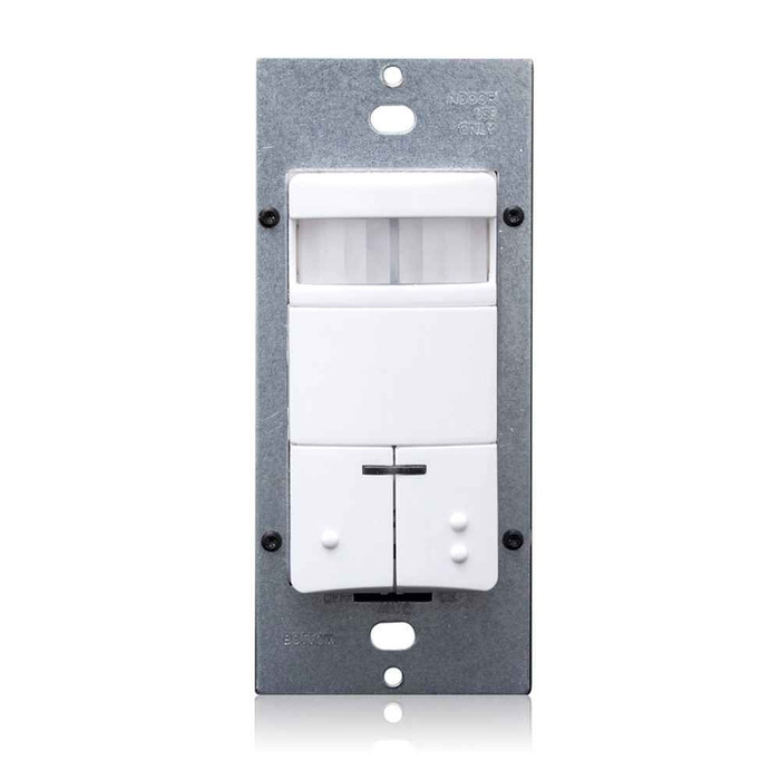 Leviton ODS0D-IAW Passive Infrared wallbox occupancy sensor. Dual Relay, both photocell controlled. Low profile, 180 degree field of view. Time Delay 30s-30m. 120/208/220/230/240/277VAC; 50/60Hz, Made in USA. Color: White