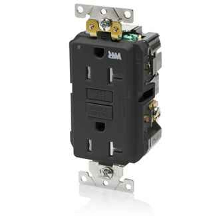 Leviton G5362-WTE SmartlockPro GFCI Duplex Receptacle Outlet, Extra Heavy-Duty Industrial Specification Grade, Weather and Tamper-Resistant, Power Indication, 20 Amp, 125 Volt, Back or Side Wire, NEMA 5-20R, 2-Pole, 3-Wire, Self-Grounding - Black