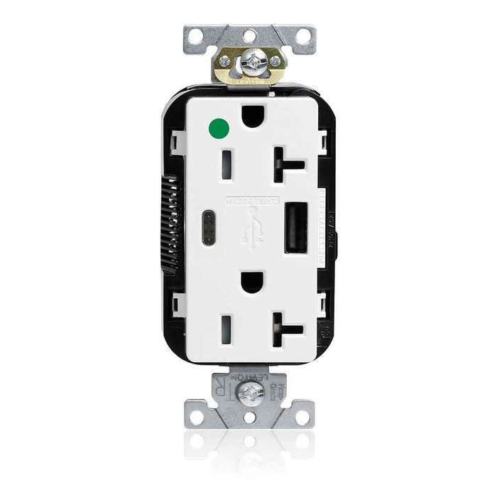 Leviton M58AC-HGW Tamper-Resistant USB Receptacle, Type A/C, 20 Amp 125 Volt, Hospital Grade, White - Lev-Lok