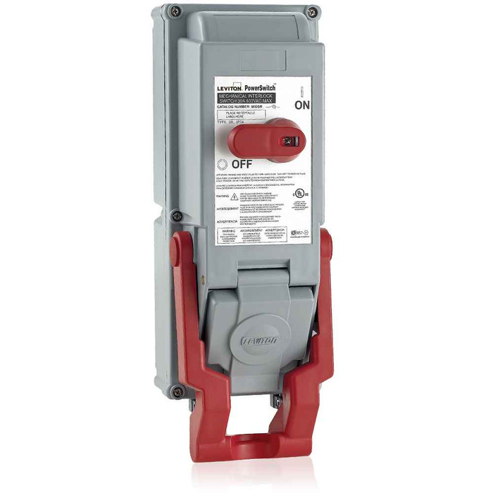 Leviton MIDSR-23 PowerSwitch Mechanically Interlocked Safety Disconnect Switch with Locking Receptacle Bracket, 30A, Rated IP54 & IP66.
