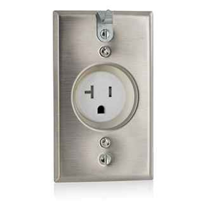 Leviton T5361-CH Single Receptacle Outlet, Commercial Specification Grade, Recessed Clock-Hanger, Tamper-Resistant, Smooth Face, 20 Amp, 125 Volt, Back or Side Wire, NEMA 5-20R, 2-Pole, 3-Wire - Stainless Steel