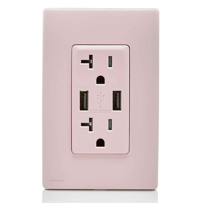 Leviton RUAA2-FP Renu 3.6A USB Type-A/Type-A Wall Outlet Charger with 20A Tamper-Resistant Receptacle, Fresh Pink Lemonade