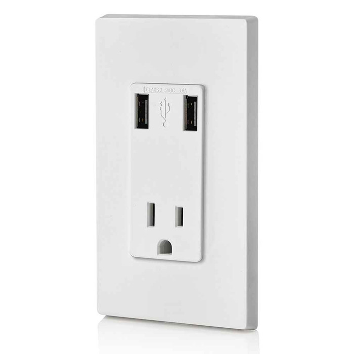 Leviton T5631-2W 3.6A USB Type-A/Type-A Wall Outlet Charger with 15A Tamper-Resistant Receptacle, White Leviton T5631-2W 3.6A USB Type-A/Type-A Wall Outlet Charger with 15A Tamper-Resistant Receptacle, White