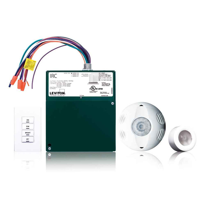 Leviton RCD30-101 IRC Dimming Room Control Kit, includes Low Voltage devices; 3-Zone Room Controller w/(3) 0-10V outputs and (1) 120/277V relay, M/T Occupancy Sensor (OSC20-M0W), 4 Button Switch (RLVSW-4LW), Photocell (ODC0P-00W), 120/277VAC, 50/60Hz
