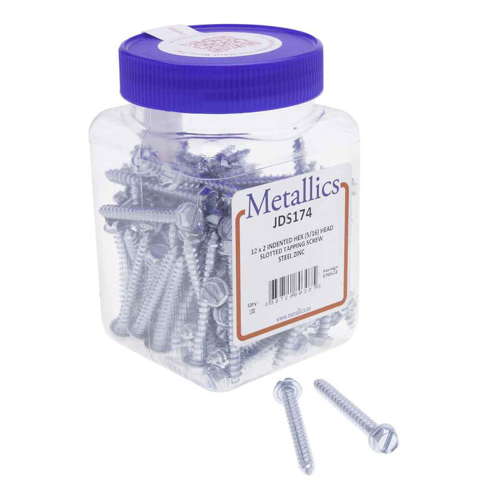 Metallics JDS174 12 x 2 in. 5/16 Indented Hex Head Slotted Sharp Point Tapping Screws - Steel Zinc - 100qty