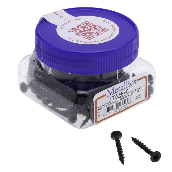 Metallics JDWSR3C 6 x 1-1/4 in. Bugle Head Square Drive Drywall Screws - Steel Black Phosphate - Coarse Threads - 100qty