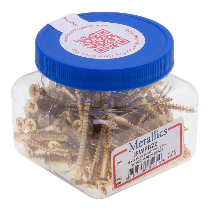 Metallics JFWPB22 8 x 2 in. Flat Head Phillips Wood Screws - Brass - 100qty