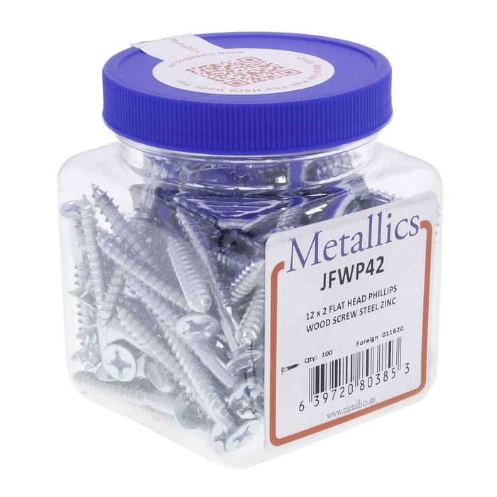 Metallics JFWP120 4 x 1/2 in. Flat Head Phillips Wood Screws - Steel Zinc - 100qty