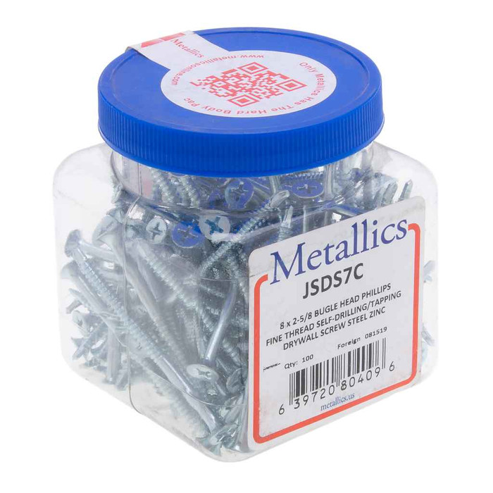 Metallics JSDS7C 8 x 25/8 in. Bugle Head Phillips Drywall Screws - Steel Zinc - Fine Threads - 100qty