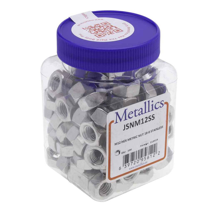Metallics JSNM12SS Nuts M12 Hx Nut SS (Jar 100)