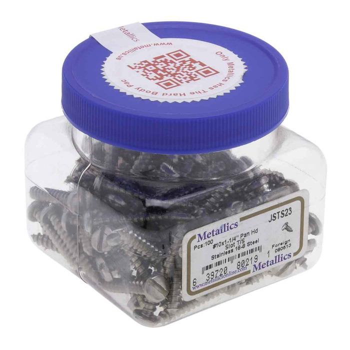 Metallics JSTS23 10 x 1-1/4 in. Pan Head Slotted Tapping Screws - 18-8 Stainless - 100qty Metallics JSTS23 10 x 1-1/4 in. Pan Head Slotted Tapping Screws - 18-8 Stainless - 100qty