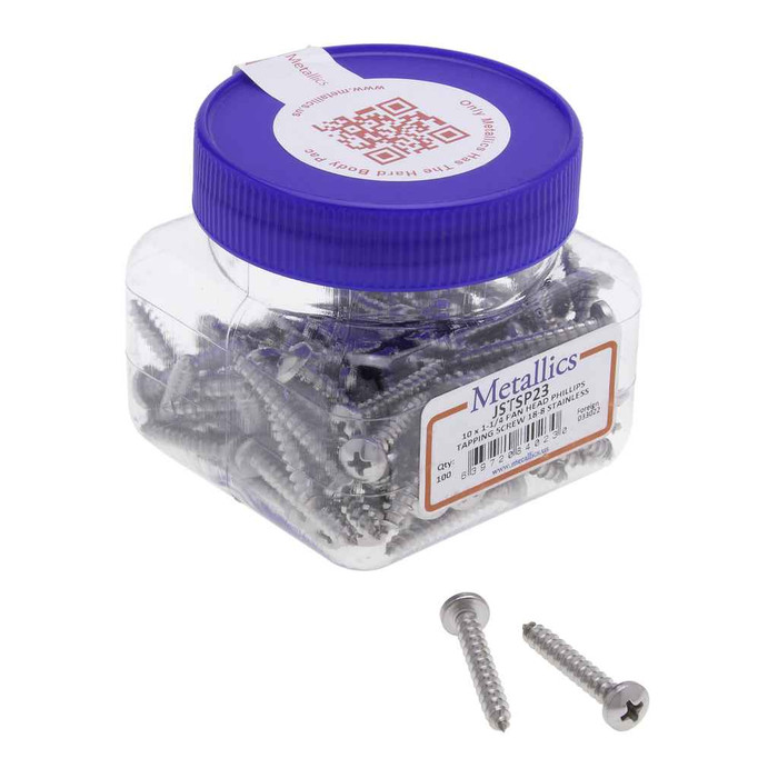 Metallics JSTSP23 10 x 1-1/4 in. Pan Head Phillips Tapping Screws - 18-8 Stainless - 100qty